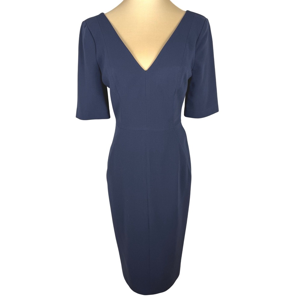 Black Halo "Jeanette" Double V-Neck Tailored Sheath Dress - Navy Blue Sz 2 EUC